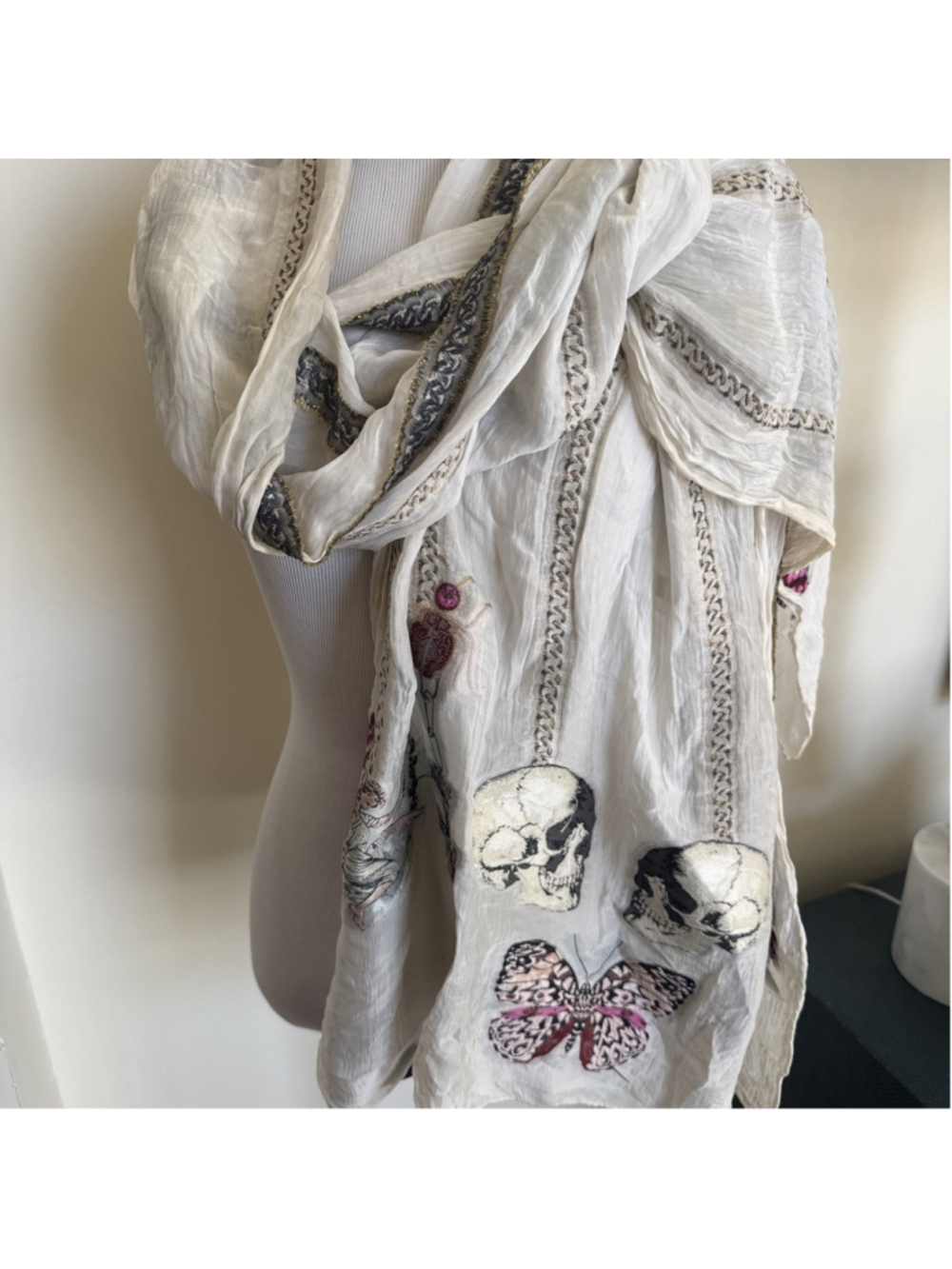 Alexander McQueen Silk Blend Scarf Wrap Fairy Chains Skeletons Butterfly Skull - Picture 2 of 11